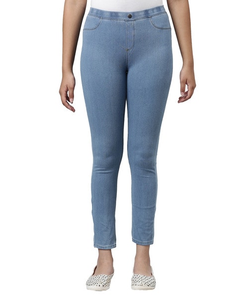 Buy Go Colors Women Grey Solid Cotton Blend Jeggings Online at