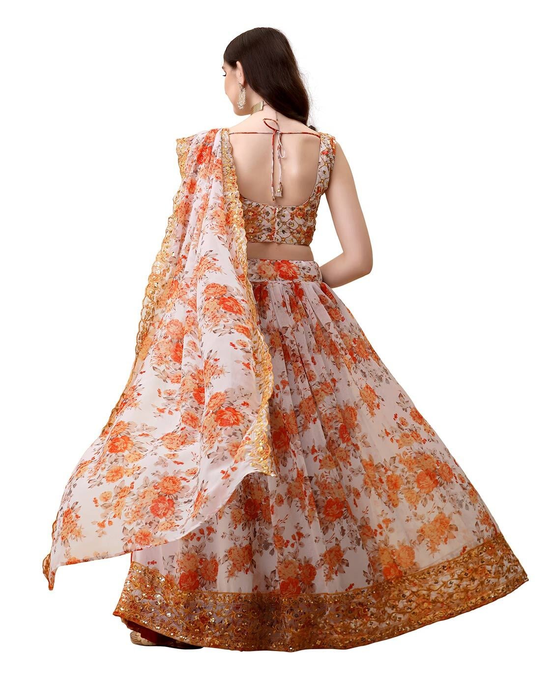 Aayushi Maniar Floral Print Lehenga Set | Orange, Floral Print, Lehenga,  One Shoulder Neck, Asymmetric Sleeves | Silk lehenga, Orange lehenga,  Lehenga