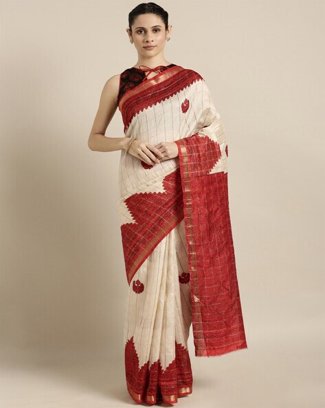 Mesmerizing White Plain Linen Saree with Golden Red Border Onam Special -  Loomfolks