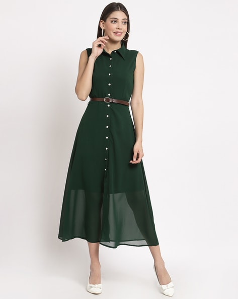 Buy AAYU FIT & Flare Georgette Calf Length Dress for Women Green