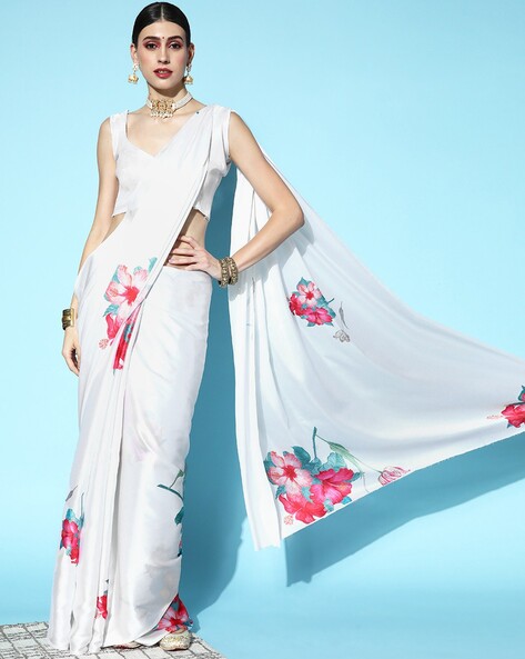 Buy White Floral Discharge Print Saree With Blouse For Women by Vaayu  Online at Aza Fashions.