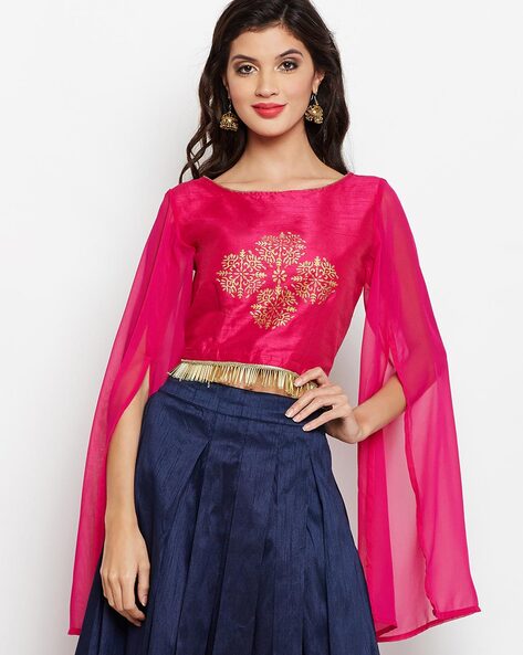 Purple Zardozi Work Chinon Fabric Crop Top with Lehenga | Buy Women Clothing