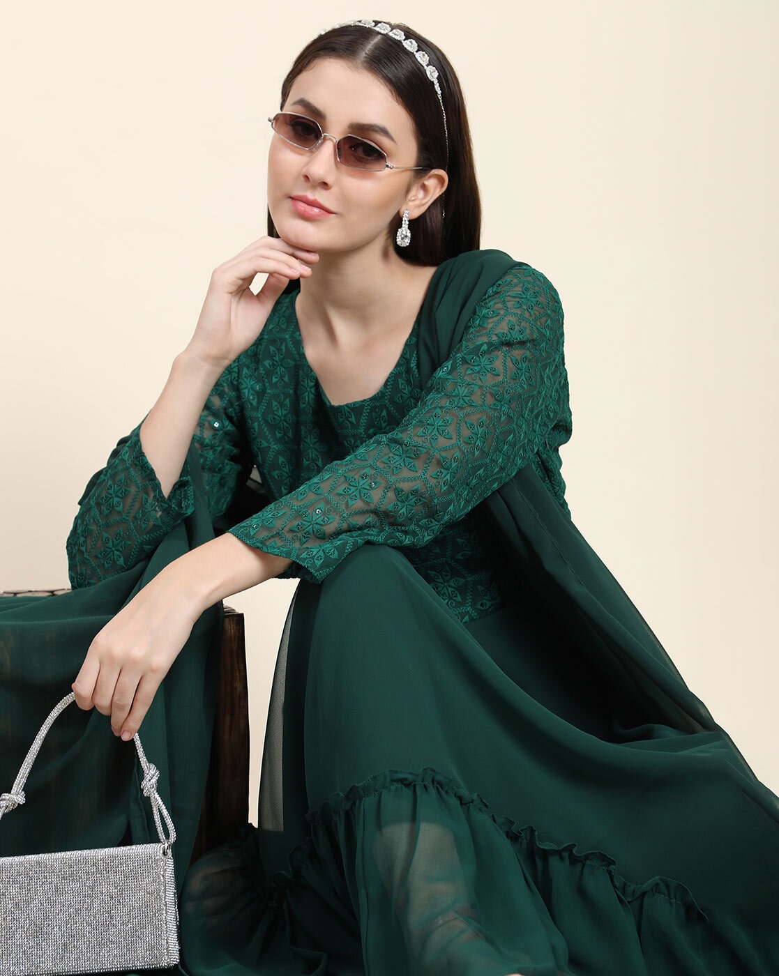 Buy Dark Green Designer Silk With Weaving Readymade Party Wear Gown | Gowns