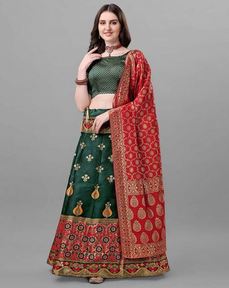 Ethnic Dark Green Lehenga on Banarasi Silk & Copper Zari Blouse - Ethnic  Race