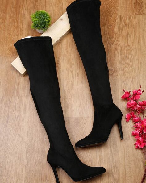 Women's Knee Stiletto Heeled Boots Sexy Black Pointed Toe - Temu