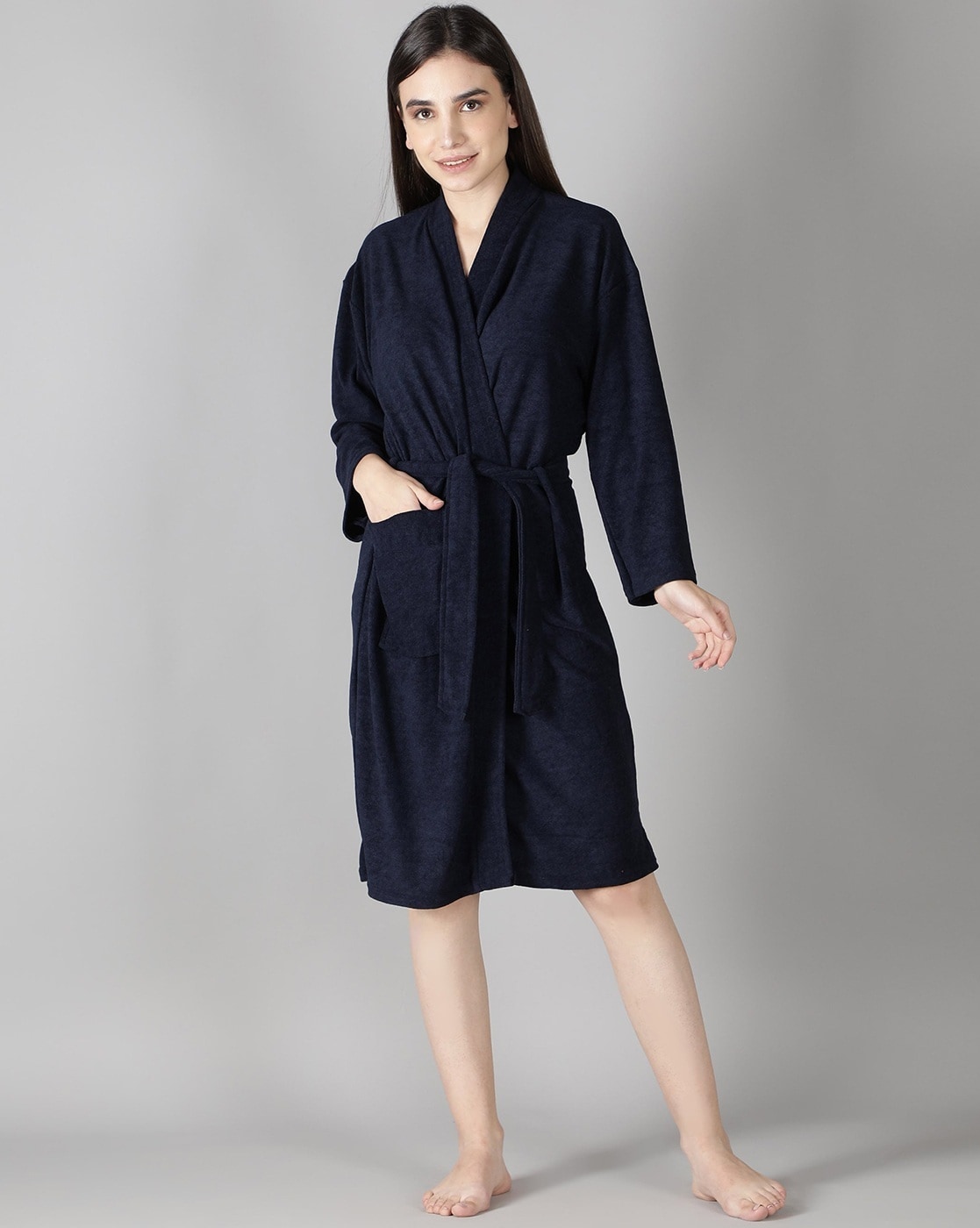 Mens Navy Blue Plush Fleece Collared Bath Robe | Heat Treats