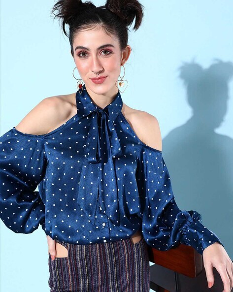 Polka Dot Print Neck Tie Up Shirt