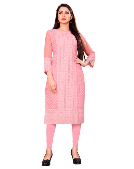 Pink Cotton Embroidered Casual Kurti Online Shopping USA - Kurtis & Tunics