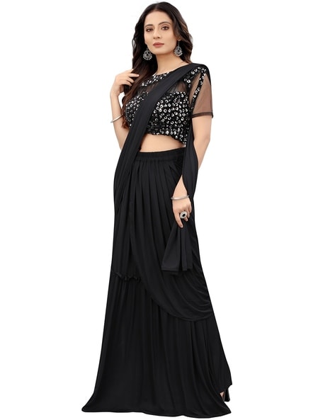 Black Embellished Sequinned Pre Stitched Lehenga Saree in Georgette with  Ruffle Border