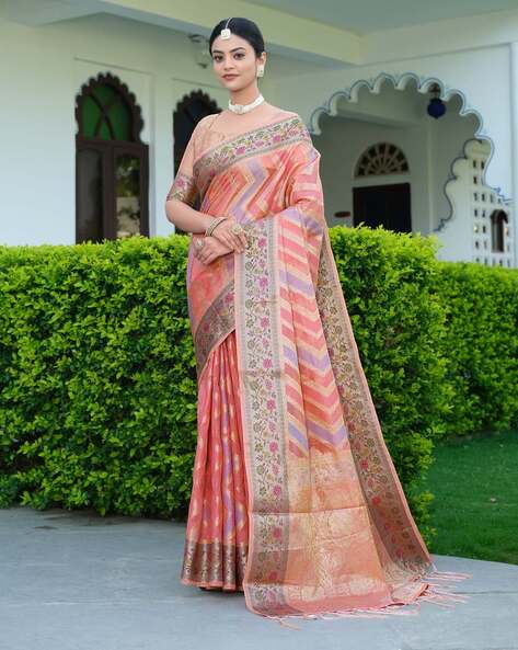 Dark Pink & Golden Kanjivaram Wedding Saree With Blouse