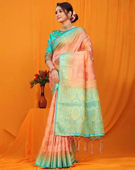 Shop the Hottest Peach Saree with Contrast Blouse Online Now