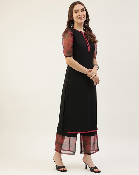 Floral Printed Zari & Sequins Embellished Kurta with Pants - Black – FASHOR