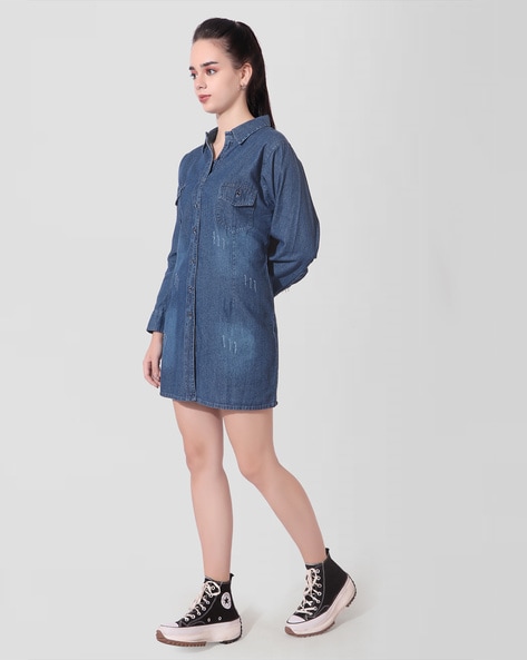 Flap Pockets Lapel Denim Dress Elastic Waist Long Sleeves - Temu