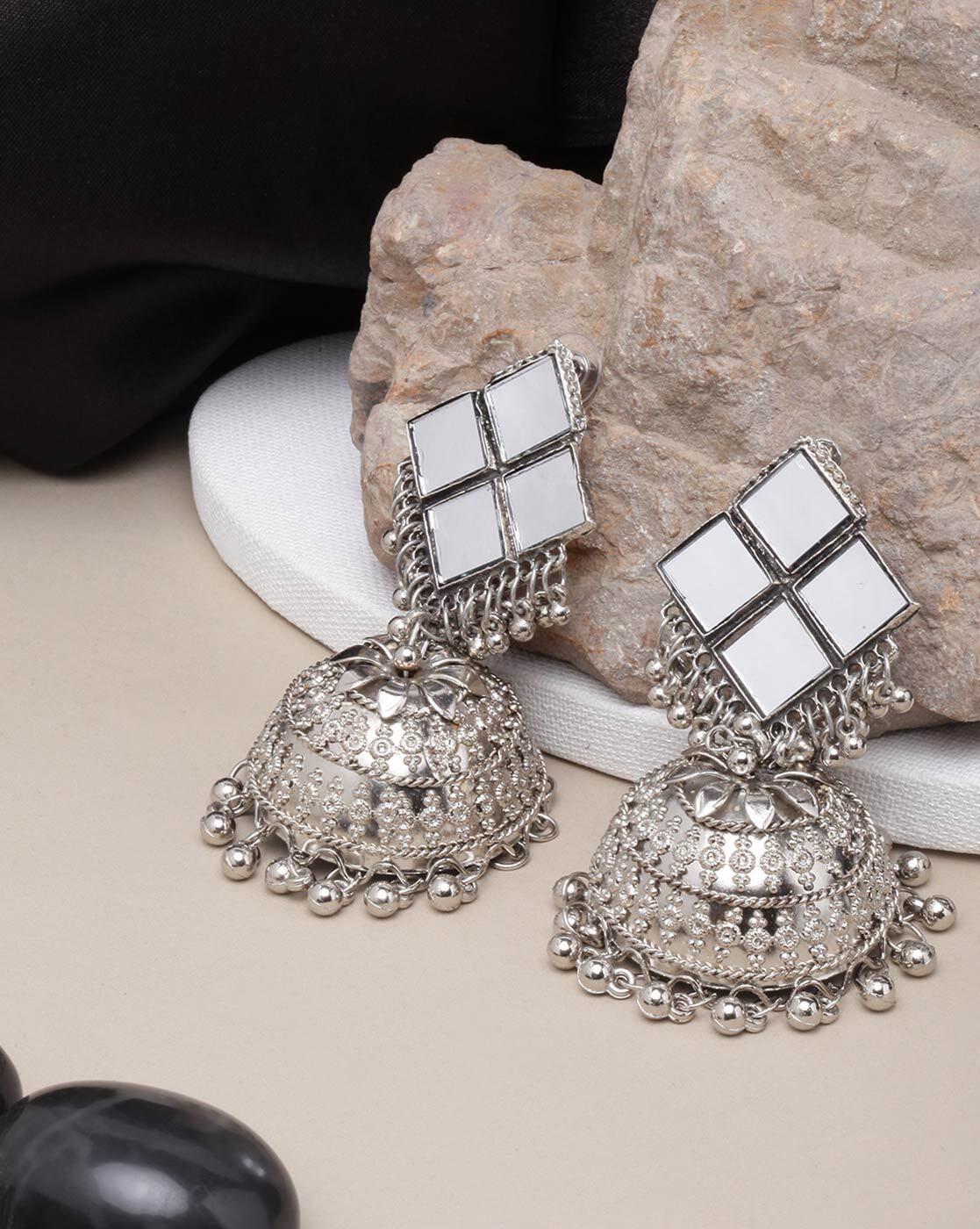 Silver clearance mirror jhumkas