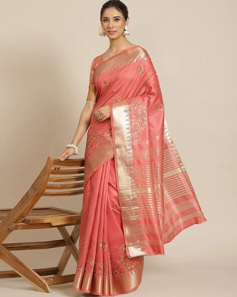 Dark Peach Zari Weaving Work Silk Saree – Maharani