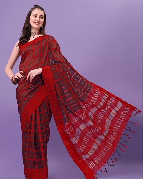 Black Red Checks Shivshahi Ilkal Silk Saree - Shagun Silks & Sarees