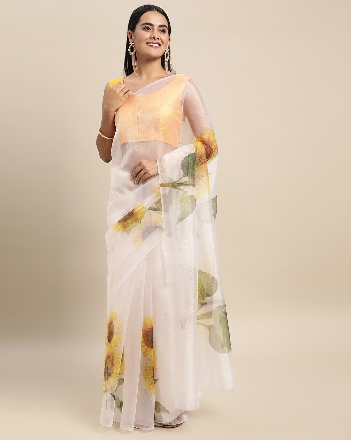 Lovely Cream Floral Printed Organza Party Wear Saree