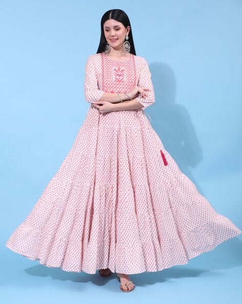 Buy GULMOHAR JAIPUR Women's Cotton Printed Flared Kurta Dress (Beige, XL)  at Amazon.in