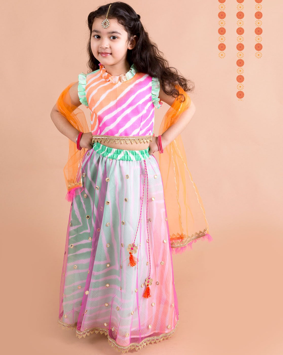 pspeaches Girls Pink & Orange Embellished Ready to Wear Lehenga & Blouse  With Dupatta - Lehenga For Women