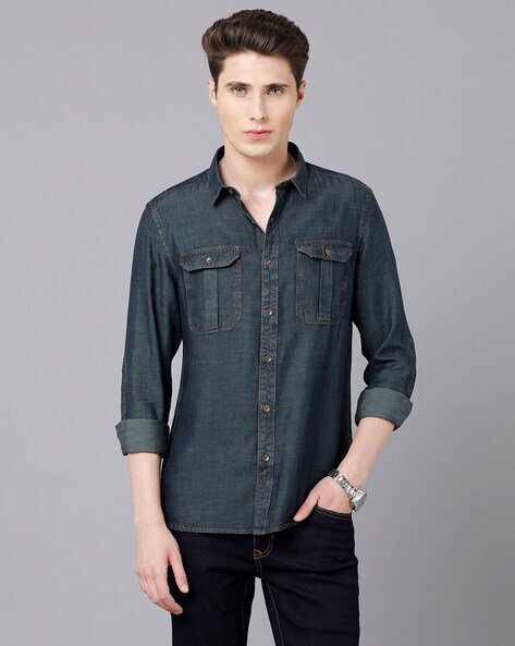 High Quality Modal Fabric Casual Jeans Long Sleeve Shirt Men Spring New  Fashion Light Blue Denim