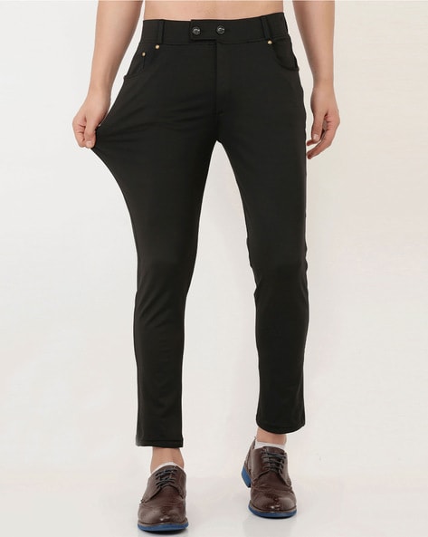 Buy OnlineSpykar Men Black Lycra Slim Fit Ankle Length Plain Trousers