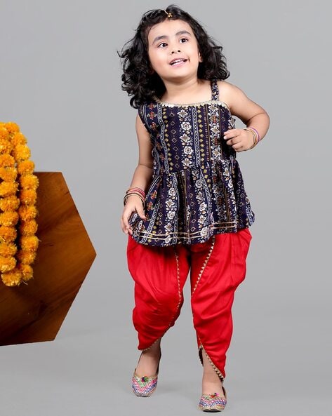 Red Attached Jacket Kurti Dhoti For Baby Girls Blue - BownBee - 2999236