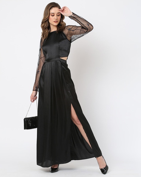 Embellished Plunge Neck Puff Sleeve A-Line Gown - Elegant Threads