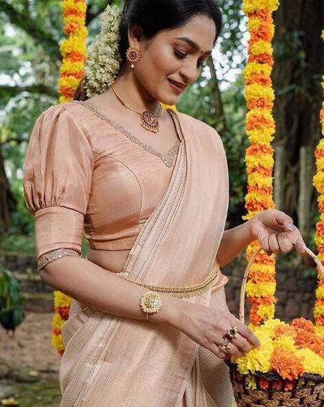 HAND WOVEN KERALA KASAVUE PLAIN CREAM COLOR SAREE CREAM COLOR BLOUSE WITH  2BY 3 ZARI ON PALLLU