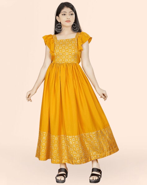 Mustard Yellow Ball Gown For Women With Embroidered Waist Belt - Ethnic Race