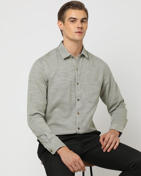 Men Heathered Slim Fit Shirt with Patch Pocket