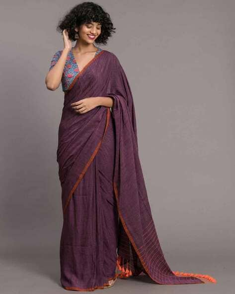 Purple Pure Chanderi Cotton Saree with Block Print - Lotus Lehenga Choli