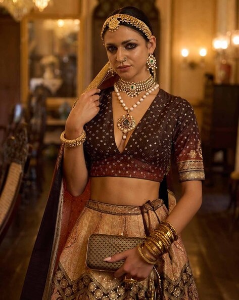 EthnoVogue Grey & Brown Embellished Made to Measure Lehenga & Blouse with  Dupatta - Absolutely Desi