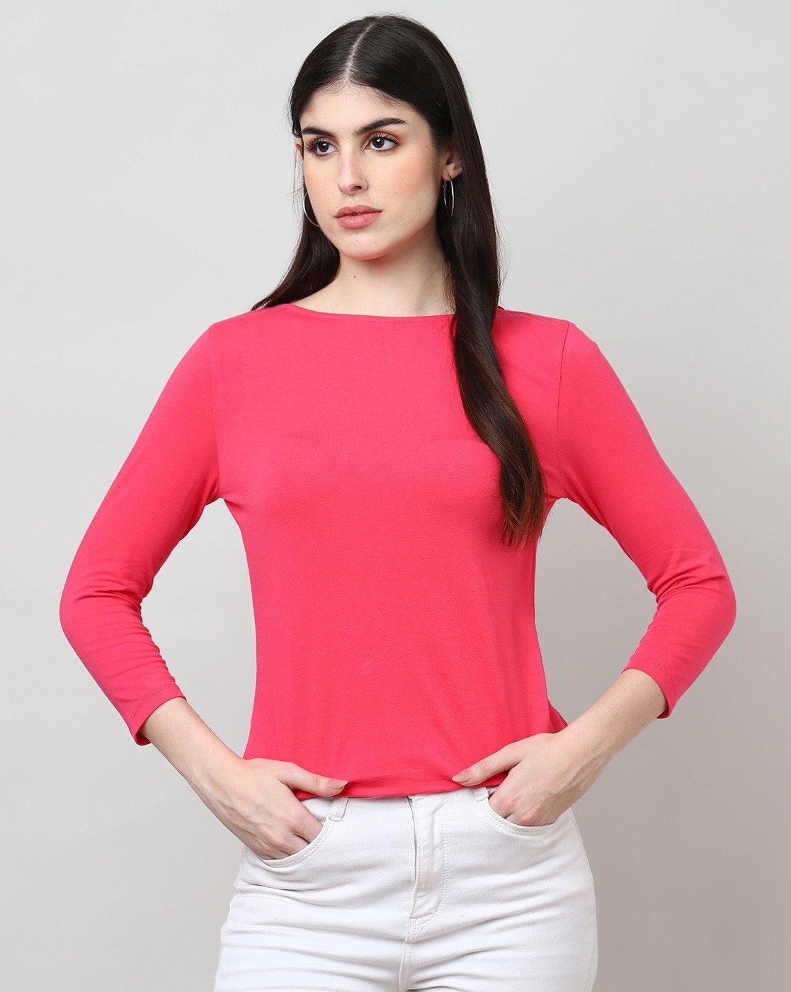 Basic Hot Pink Crew Neckline Long Sleeves Cotton T-Shirt