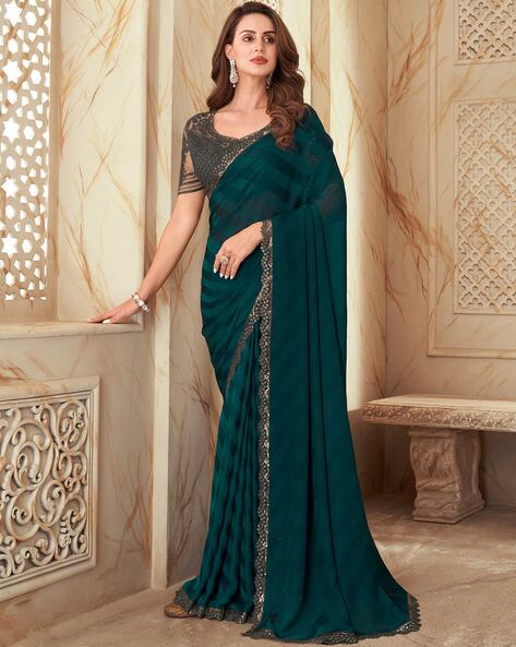 Firozi Rama Designer Traditional 3d Dyeing Satin Saree Embroidered Heavy  Blouse Work - 5304