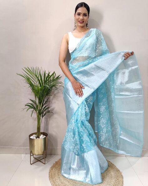 Light Flower Sky Blue Pure Organza Saree – Organza Mall