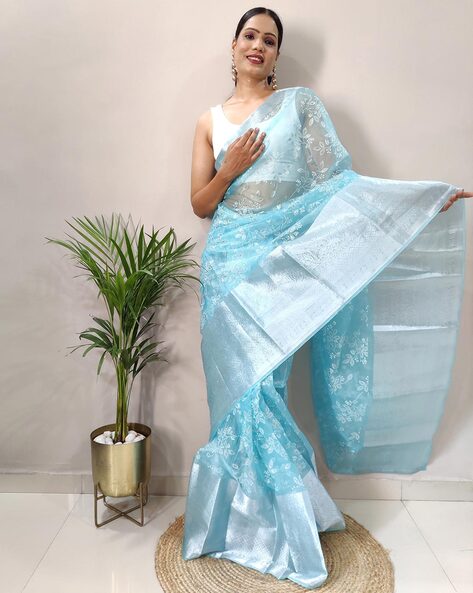 Sky Blue Organza Saree With Hand Print – Orgenza Store