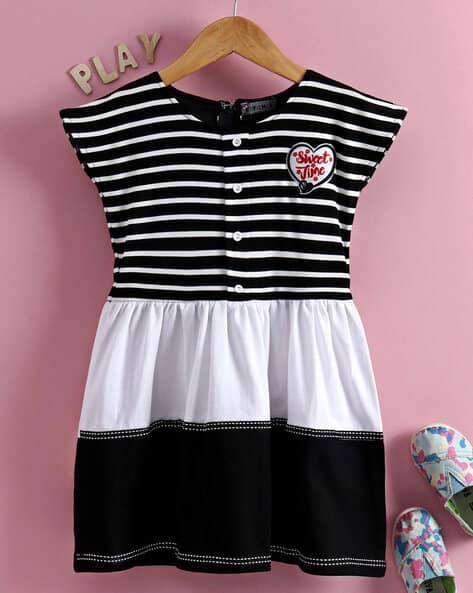Striped Fit Flare Dress with Half-Zip Closure