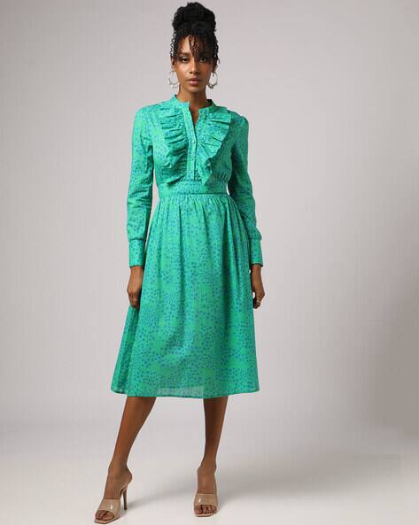 Encrustd Floral Print A-Line Dress with Ruffles