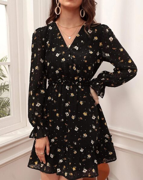 Buy Plus Size Black Floral Printed Dress Online For Women - Amydus