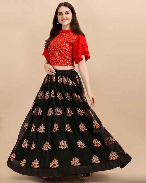 Maya Grey Embellished Long Sleeve Lehenga Crop Top