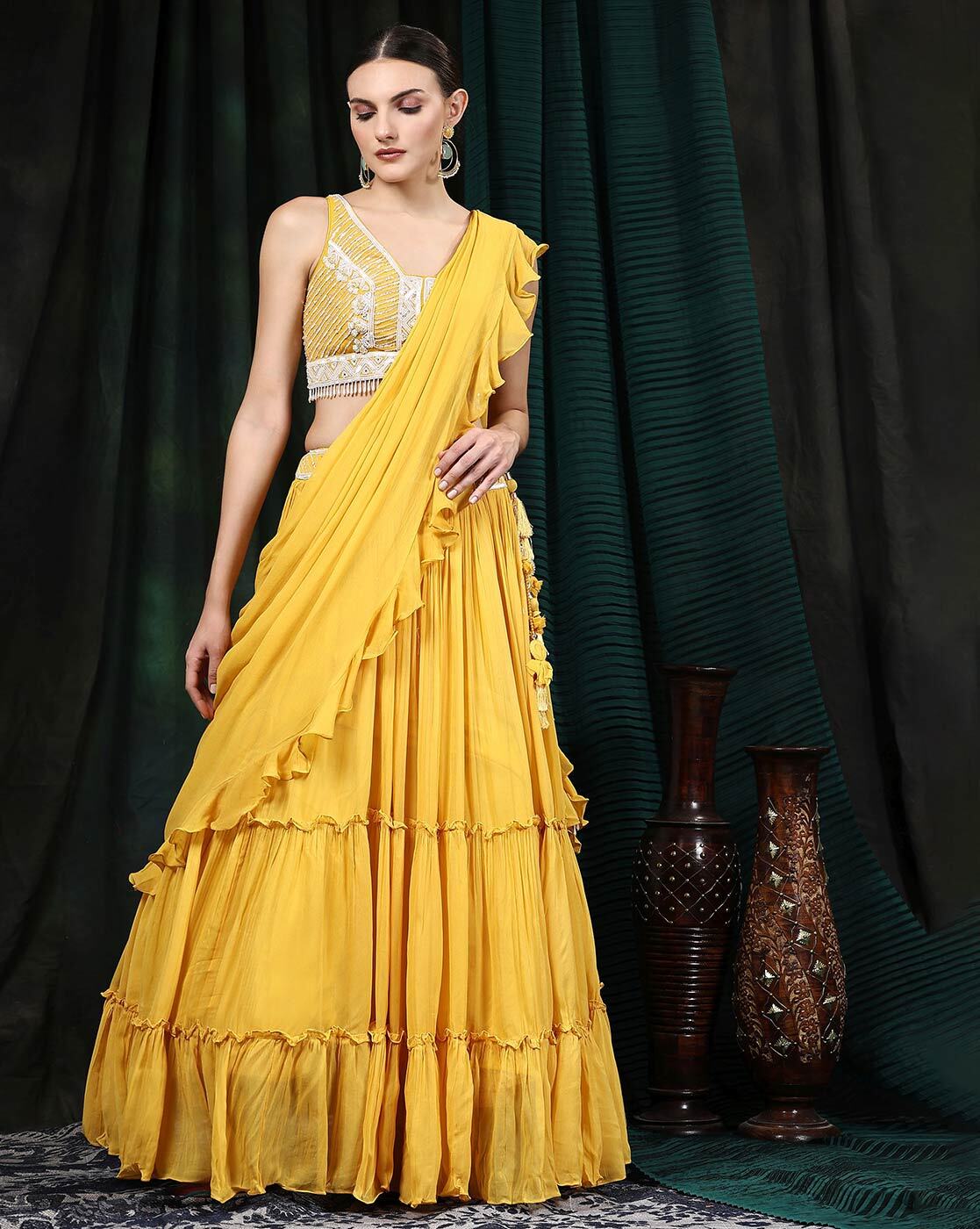 RE - Yellow Colored Designer Faux Georgette Lehenga Choli - New In - Indian