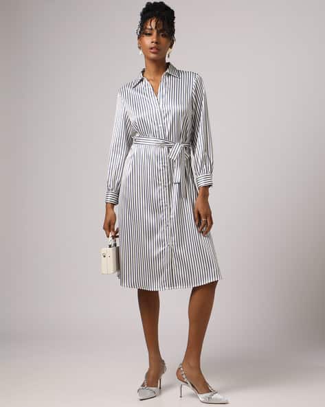 Encrustd Striped Shirt Dress with Tie-Up