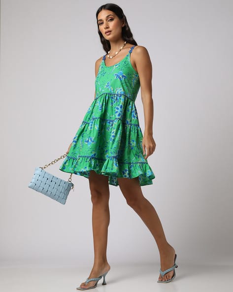 Encrustd Floral Print Strappy Tiered Dress