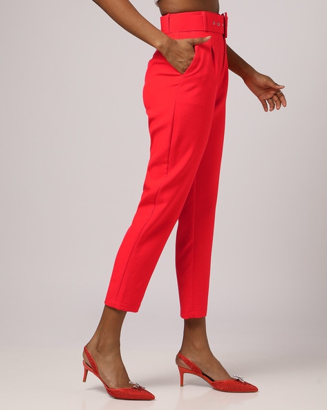 Red High Rise Cigarette Fit Pants