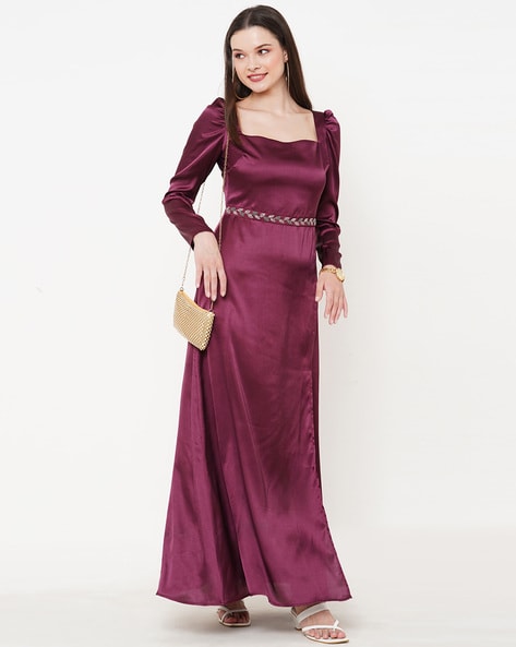 Embellished Gown Dress with Puff Sleeves