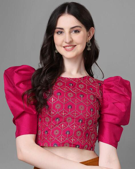 Embroidered Crop Top with Puff Sleeves