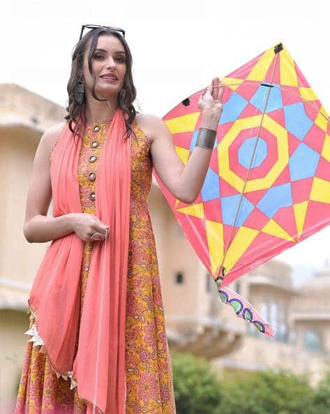 Floral Print Anarkali Kurta with Pants & Dupatta