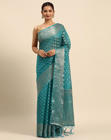 Silk Land Turquoise Woven Saree With Unstitched Blouse