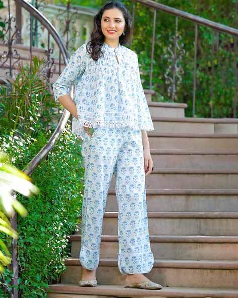 Buy Sky Blue & White Fusion Wear Sets for Women by The Kapas Online