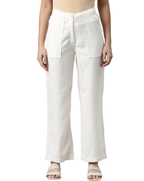 Buy GO COLORS Women Solid Light Beige Mid Rise Linen Wide Pant at Amazon.in